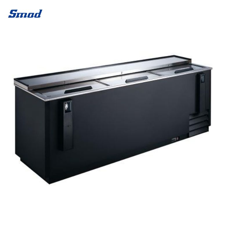 Smad cooler refrigerator has three top opening doors and two bottle lifters.