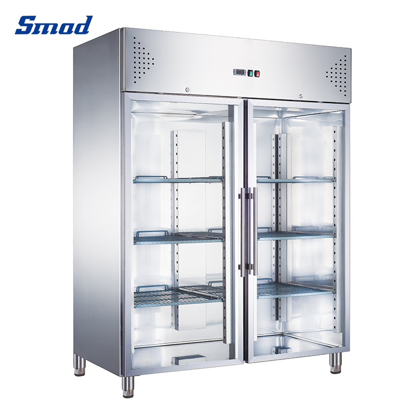 Smad 1300L Double Glass Door Upright Chiller in Stainless Steel with Auto defrosting