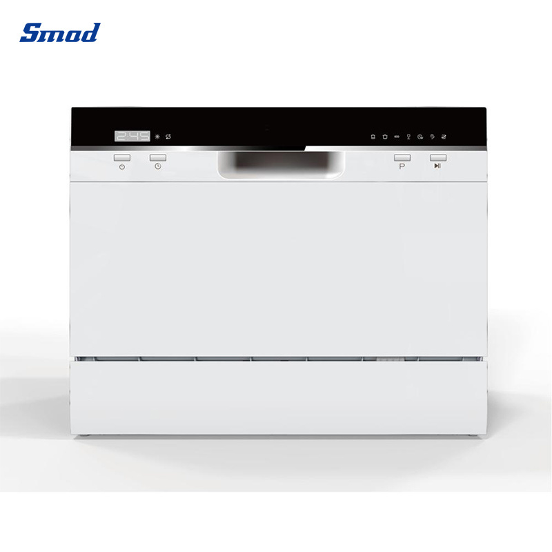 Smad 6 Sets Small White Automatic Countertop Dishwasher with Recessed Handle